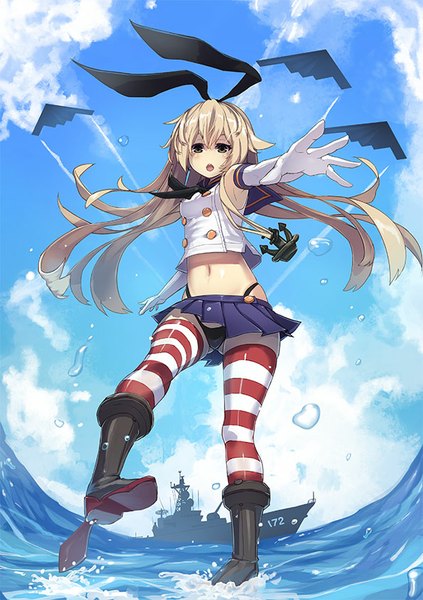 Anime picture 595x842 with kantai collection shimakaze destroyer raijuu (bakanara) single long hair tall image blush fringe open mouth light erotic blonde hair brown eyes sky cloud (clouds) :o from below outstretched arm girl thighhighs skirt