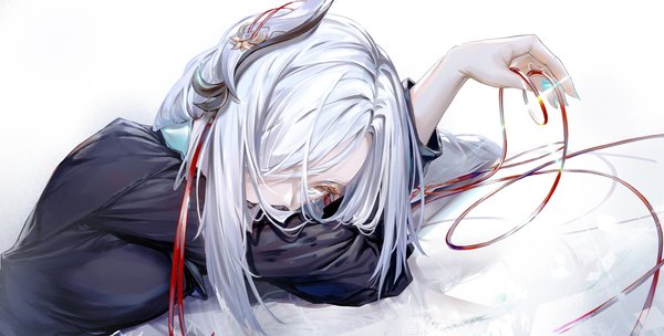 Anime picture 5602x2835 with genshin impact shenhe (genshin impact) kato (kato) single long hair looking at viewer fringe highres breasts simple background wide image white background absurdres silver hair lying hair over one eye on stomach breast press silver eyes girl