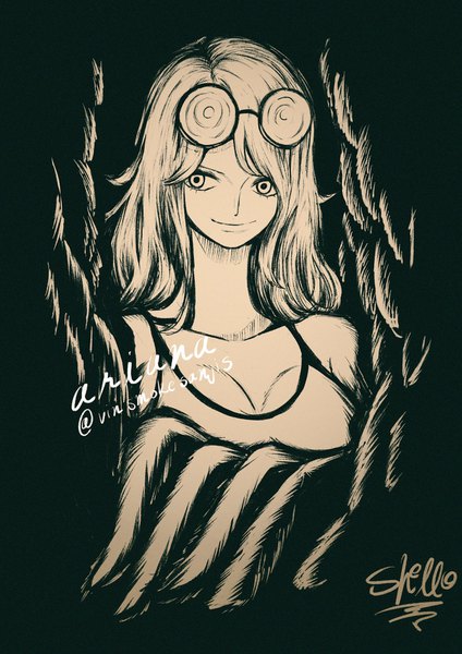 Anime picture 1448x2048 with one piece toei animation monet (one piece) sherumaru (korcht06) single long hair tall image fringe breasts simple background smile signed looking away cleavage upper body sleeveless twitter username black background monochrome glasses on head