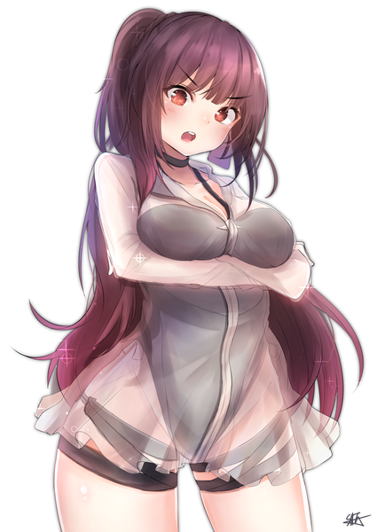 Anime picture 2150x3035 with girls frontline wa2000 (girls frontline) hiromaster sinta jh single long hair tall image blush fringe highres breasts open mouth light erotic simple background red eyes large breasts standing white background signed purple hair ponytail