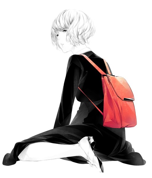 Anime picture 1500x1753 with original sousou (sousouworks) single tall image short hair simple background white background sitting white hair grey eyes wariza girl dress shoes black dress backpack