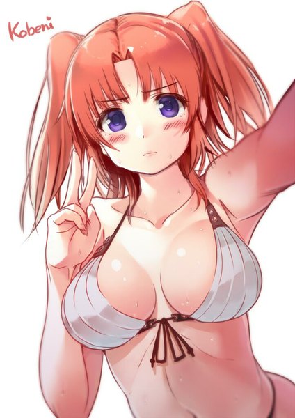 Anime picture 723x1023 with mikakunin de shinkoukei doga kobo yonomori kobeni santa (sunflower) single tall image looking at viewer blush short hair breasts light erotic simple background large breasts white background purple eyes bare shoulders pink hair cleavage lips two side up
