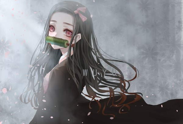 Anime picture 2269x1540 with kimetsu no yaiba ufotable kamado nezuko wuyu single long hair looking at viewer highres black hair simple background holding signed upper body traditional clothes japanese clothes pink eyes mouth hold turning head gradient hair girl