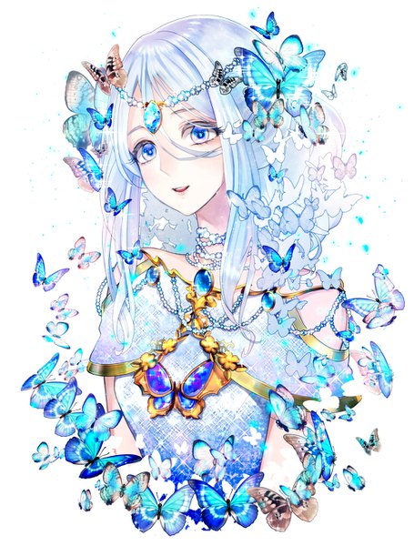 Anime picture 1000x1319 with original tamaki mitsune single long hair tall image looking at viewer blush fringe blue eyes simple background smile hair between eyes white background bare shoulders silver hair parted lips head tilt from above sparkle portrait