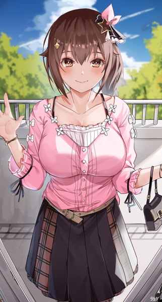 Anime picture 1203x2239 with virtual youtuber hololive tokino sora jeze single tall image looking at viewer blush fringe short hair breasts smile hair between eyes brown hair large breasts standing brown eyes sky cloud (clouds) outdoors