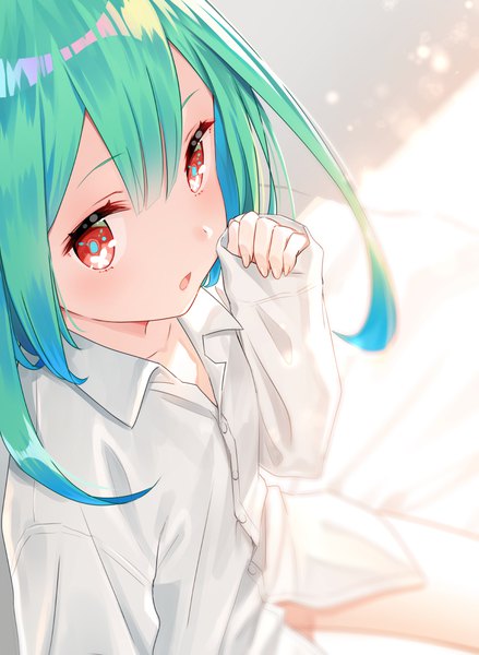 Anime picture 868x1185 with virtual youtuber hololive uruha rushia yasuyuki single tall image looking at viewer blush fringe short hair open mouth hair between eyes red eyes sitting long sleeves fingernails green hair from above sunlight blurry