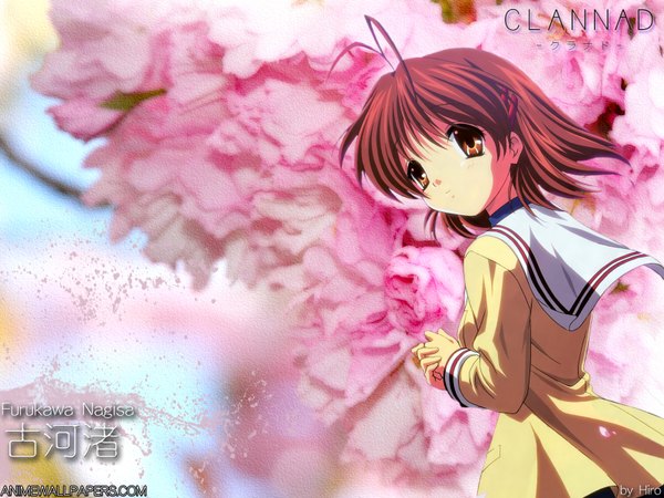 Anime picture 1600x1200 with clannad key (studio) furukawa nagisa single fringe short hair brown hair standing brown eyes light smile wind cherry blossoms girl uniform flower (flowers) serafuku