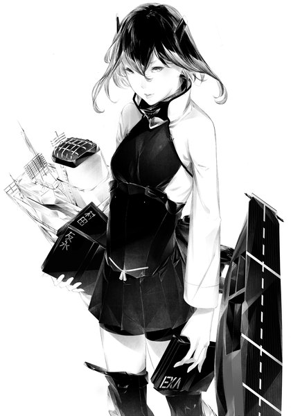 Anime picture 1000x1427 with kantai collection taihou armored aircraft carrier sousou (sousouworks) single tall image looking at viewer short hair simple background white background from above monochrome girl thighhighs skirt