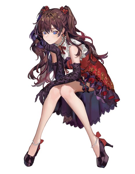 Anime picture 2000x2579 with idolmaster idolmaster cinderella girls idolmaster cinderella girls starlight stage ichinose shiki chyoel single long hair tall image looking at viewer blush fringe highres blue eyes simple background hair between eyes brown hair white background sitting bare shoulders full body