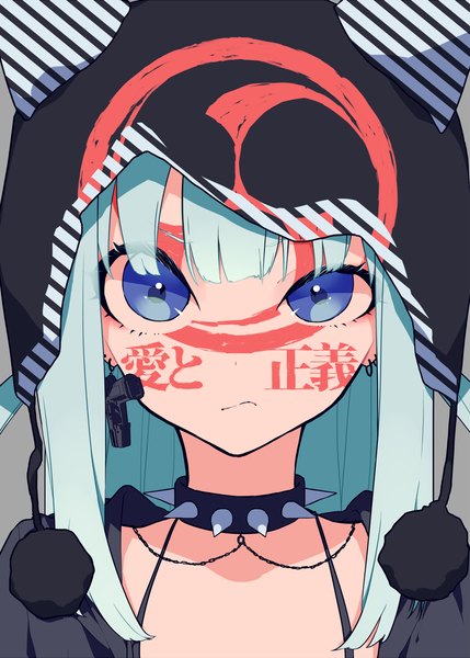 Anime picture 1000x1399 with original mochizuki kei single long hair tall image looking at viewer fringe blue eyes blue hair piercing facial mark ear piercing striped angry girl choker hood pom pom (clothes) spikes