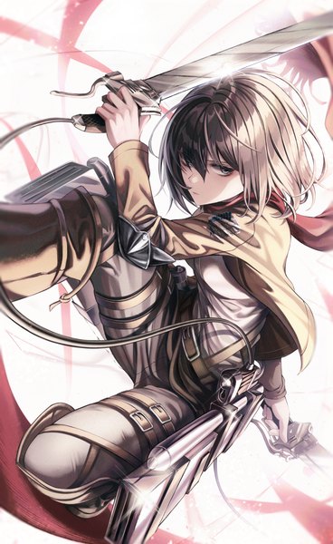 Anime picture 3153x5145 with shingeki no kyojin production i.g mikasa ackerman csc00014 single tall image looking at viewer fringe highres short hair black hair hair between eyes holding absurdres bent knee (knees) open jacket sparkle kneeling shaded face fighting stance