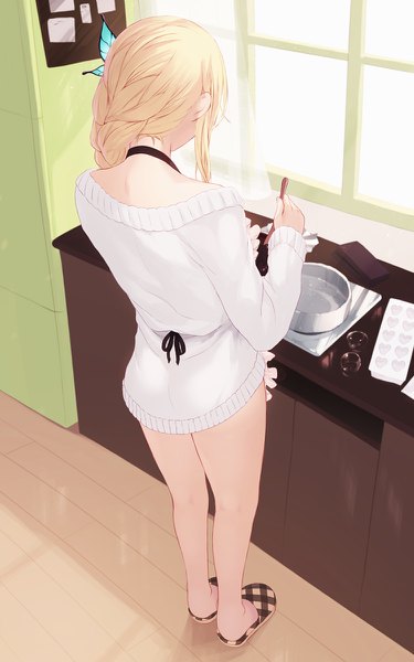 Anime picture 750x1200 with boku wa tomodachi ga sukunai kashiwazaki sena cait single long hair tall image blonde hair standing full body indoors braid (braids) long sleeves from behind bare legs single braid valentine casual cooking girl hair ornament