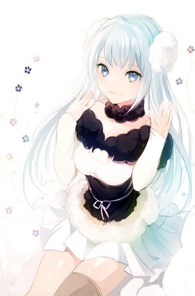 Anime picture 600x911 with original lpip single long hair tall image looking at viewer blush blue eyes simple background white background sitting horn (horns) aqua hair new year happy new year 2015 sheep girl girl dress flower (symbol)