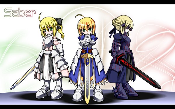 Anime picture 1920x1200 with fate (series) fate/stay night fate/unlimited codes studio deen type-moon artoria pendragon (all) saber saber alter saber lily highres wide image multiple girls wallpaper chibi multiple persona girl sword armor 3 girls triple persona