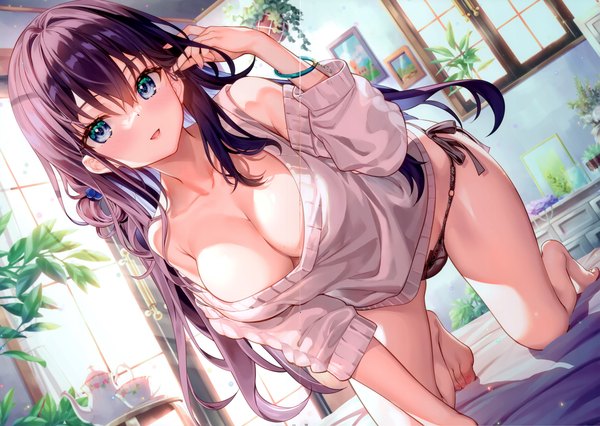 Anime picture 4886x3465 with original fujima takuya single long hair looking at viewer fringe highres breasts open mouth blue eyes light erotic smile hair between eyes large breasts absurdres cleavage purple hair indoors barefoot arm up