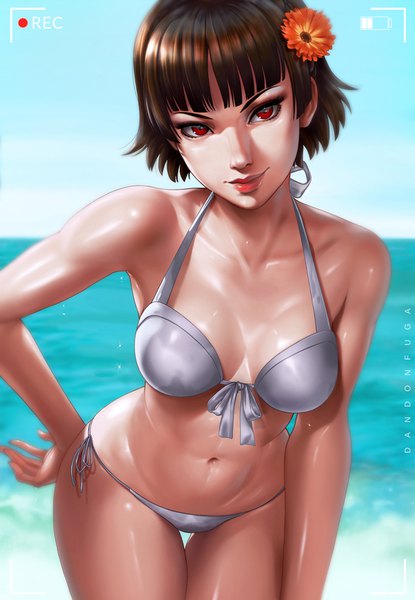 Anime picture 620x896 with persona 5 persona niijima makoto dandon fuga single tall image looking at viewer fringe short hair breasts light erotic red eyes brown hair signed blunt bangs hair flower lips blurry realistic depth of field