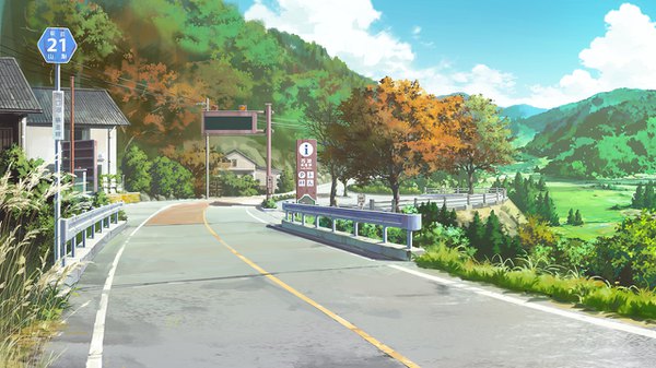 Anime picture 1280x720 with original dao dao wide image sky cloud (clouds) mountain no people field plant (plants) tree (trees) building (buildings) forest road traffic sign