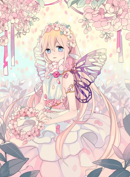 Anime picture 1500x2038 with original kyang692 single long hair tall image looking at viewer blue eyes blonde hair insect wings butterfly wings girl dress flower (flowers) ribbon (ribbons) petals wings