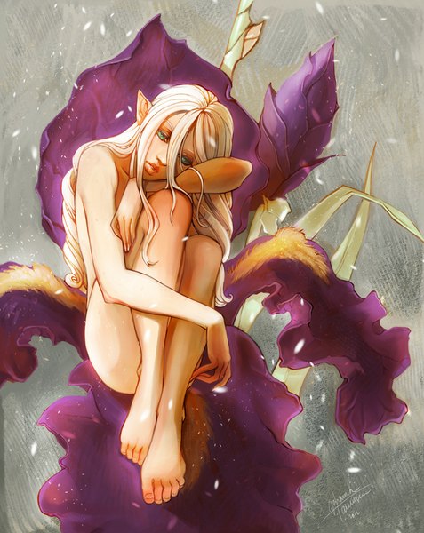 Anime picture 795x1000 with original juuhanna michelle84 single long hair tall image blue eyes light erotic blonde hair sitting bare shoulders signed barefoot nude lips pointy ears elf girl flower (flowers)