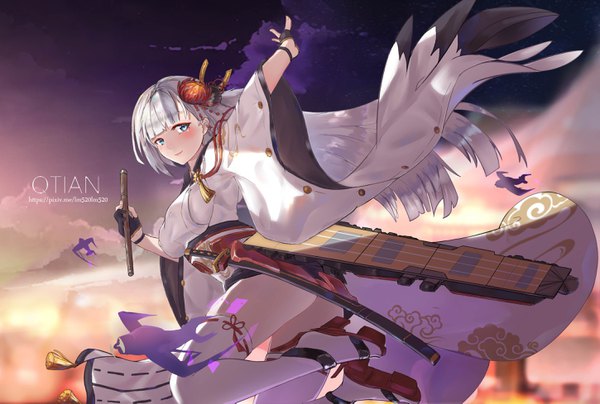 Anime picture 2898x1953 with azur lane shoukaku (azur lane) lm520lm520 single long hair looking at viewer blush fringe highres breasts blue eyes light erotic large breasts holding signed payot sky silver hair cloud (clouds) bent knee (knees)