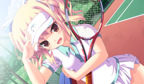 Anime picture 1024x600 with imouto paradise! blush open mouth blonde hair wide image brown eyes game cg girl uniform gym uniform tennis uniform tennis racket
