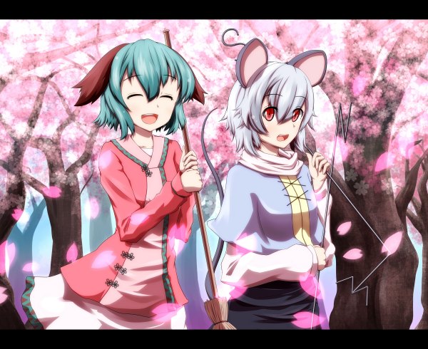 Anime picture 1200x980 with touhou nazrin kasodani kyouko nogizaka kushio (artist) short hair open mouth red eyes multiple girls animal ears blue hair silver hair eyes closed animal tail cherry blossoms walking girl 2 girls plant (plants) petals tree (trees)