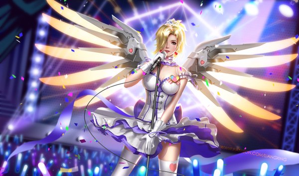 Anime picture 1500x885 with overwatch blizzard entertainment mercy (overwatch) liang xing single looking at viewer fringe short hair breasts blue eyes blonde hair wide image standing signed cleavage ponytail lips hair over one eye realistic lipstick