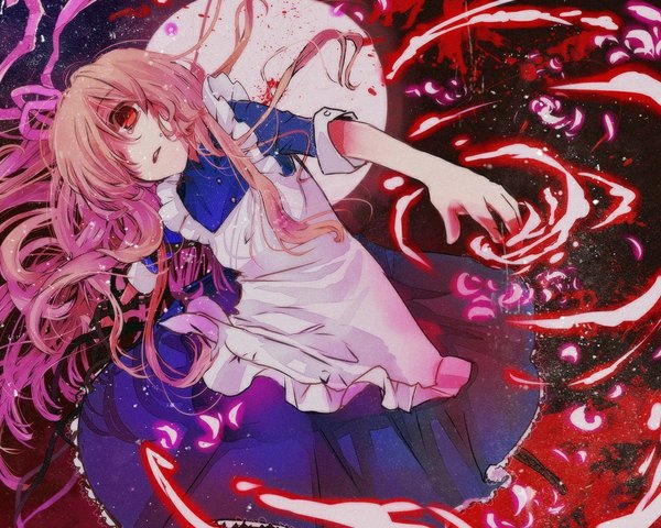 Anime picture 1125x900 with kagerou project shaft (studio) mary (kagerou project) kazamineko single long hair fringe open mouth red eyes pink hair hair over one eye tears magic girl dress moon blood apron full moon