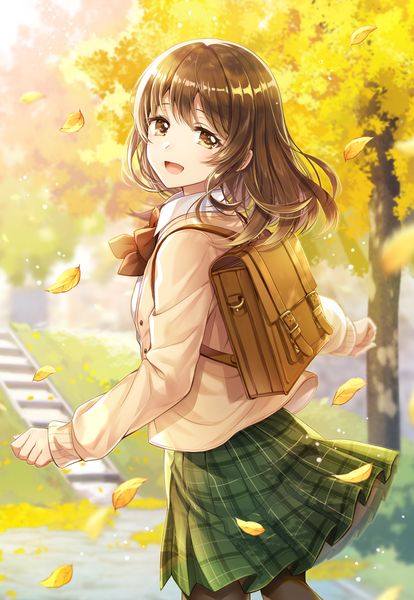 Anime picture 827x1200 with original mono lith single long hair tall image looking at viewer blush fringe open mouth smile brown hair standing brown eyes payot outdoors long sleeves :d pleated skirt wind blurry