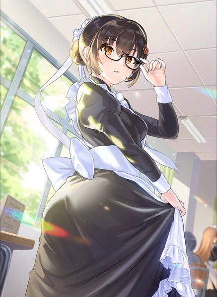 Anime picture 1284x1761 with original tan (tangent) tall image looking at viewer blush fringe short hair open mouth hair between eyes brown hair standing multiple girls brown eyes ass indoors long sleeves looking back maid hair bun (hair buns) puffy sleeves