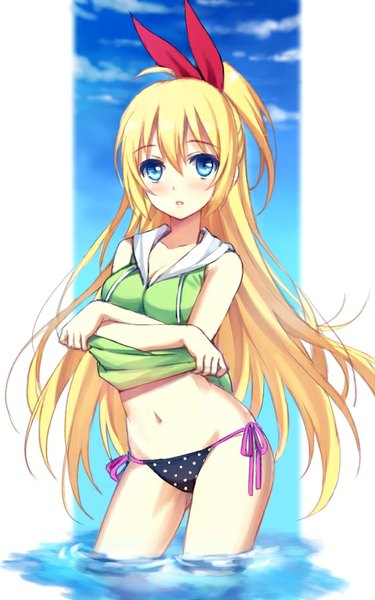 Anime picture 561x896 with nisekoi shaft (studio) kirisaki chitoge tonee single long hair tall image looking at viewer blush fringe breasts blue eyes blonde hair bare shoulders sky cloud (clouds) ahoge ponytail parted lips bare belly