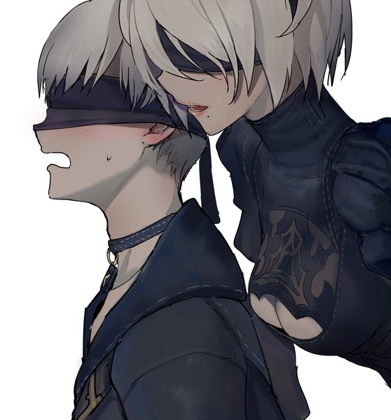 Anime picture 1043x1122 with nier nier:automata yorha no. 2 type b yorha no. 9 type s walzrj tall image blush fringe short hair breasts light erotic white background multiple girls profile lips grey hair mole sweat leaning leaning forward