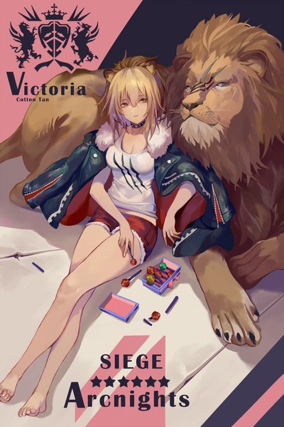 Anime picture 1500x2249 with arknights siege (arknights) cotton (artist) single long hair tall image fringe blonde hair hair between eyes sitting holding brown eyes signed animal ears payot looking away cleavage ponytail barefoot open jacket