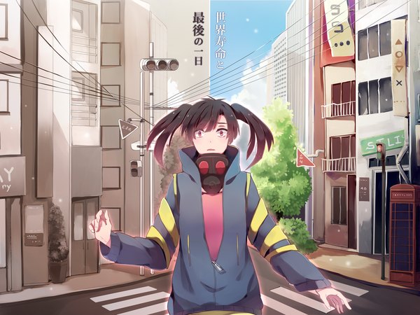 Anime picture 1500x1125 with kagerou project shaft (studio) enomoto takane jiman single long hair looking at viewer fringe open mouth black hair red eyes twintails glowing surprised crosswalk crossroads girl plant (plants) jacket building (buildings)