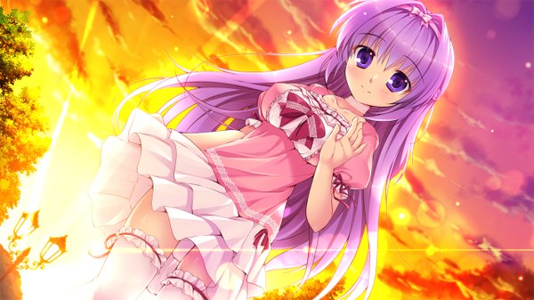 Anime picture 1280x720 with hyakugojuunenme no mahoutsukai pink chuchu (artbook) hoshioki marika mikeou single long hair looking at viewer blush fringe breasts smile wide image large breasts standing purple eyes sky purple hair cloud (clouds) light smile short sleeves