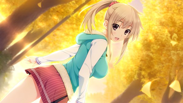 Anime picture 2558x1438 with niizuma lovely x cation naruse nono iizuki tasuku single long hair blush fringe highres open mouth blonde hair wide image purple eyes payot game cg ponytail looking back autumn girl skirt plant (plants)