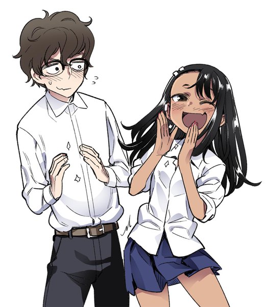 Anime picture 1043x1191 with ijiranaide nagatoro-san nagatoro hayase hachiouji 774 (nanashi) long hair tall image blush fringe short hair open mouth black hair simple background smile hair between eyes brown hair standing white background brown eyes nail polish pleated skirt