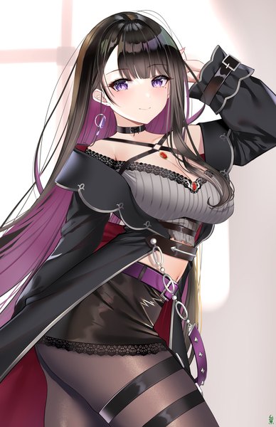 Anime picture 1200x1858 with virtual youtuber propro production koinoya mai muka tsuku single long hair tall image looking at viewer blush fringe breasts light erotic black hair smile large breasts standing purple eyes pink hair cleavage multicolored hair