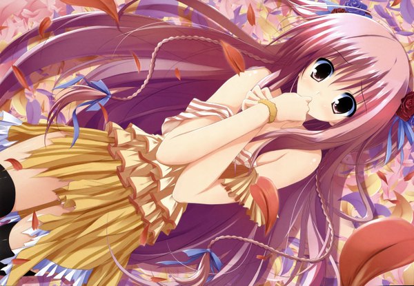 Anime picture 5878x4075 with sakura no sora to kimi no koto sakuno kanata tsukinon long hair highres twintails pink hair absurdres braid (braids) black eyes short twintails girl hair ornament petals
