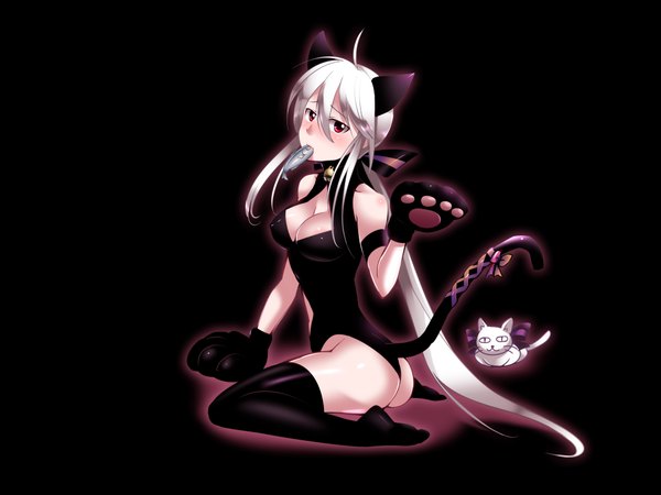 Anime picture 2000x1500 with vocaloid yowane haku caffein single long hair highres light erotic red eyes bare shoulders animal ears ass white hair cat ears cat girl cat tail no shoes black background girl thighhighs black thighhighs