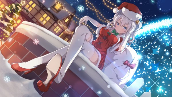 Anime picture 3840x2160 with kantai collection kashima training cruiser poly single long hair looking at viewer highres blue eyes wide image sitting absurdres bent knee (knees) white hair dutch angle zettai ryouiki fur trim crossed legs snowing christmas winter