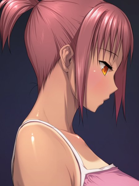 Anime picture 1200x1600 with pink doragon single long hair tall image blush breasts large breasts ponytail red hair parted lips profile orange eyes shiny skin looking down portrait dark background tan tan lines girl