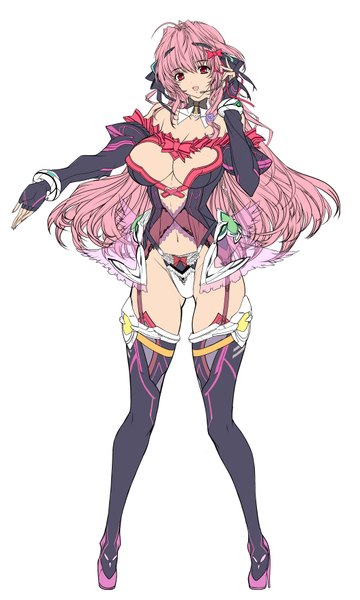 Anime picture 1062x1771 with original q azieru single long hair tall image looking at viewer breasts open mouth light erotic simple background red eyes white background bare shoulders pink hair cleavage girl thighhighs gloves navel detached sleeves