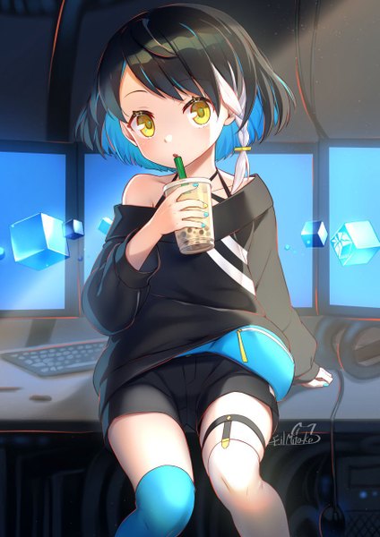 Anime picture 905x1280 with original mitake eiru single tall image looking at viewer blush fringe short hair open mouth black hair sitting bare shoulders holding signed yellow eyes bent knee (knees) indoors braid (braids) nail polish multicolored hair