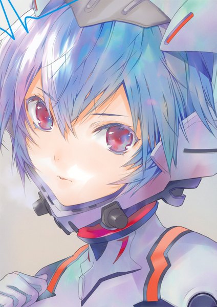 Anime picture 1059x1500 with neon genesis evangelion rebuild of evangelion evangelion: 3.0 you can (not) redo gainax q-ha (artbook) ayanami rei fuyuno haruaki single tall image looking at viewer fringe short hair red eyes blue hair head tilt scan gradient background hand on chest portrait close-up