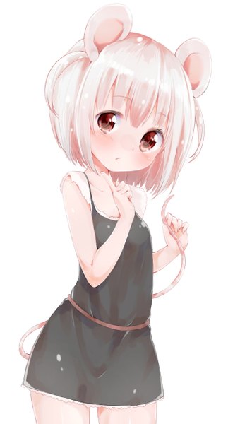 Anime picture 700x1298 with original rima (rimarip) single tall image blush short hair red eyes standing white background holding animal ears looking away pink hair tail head tilt animal tail loli shiny skin mouse ears mouse tail