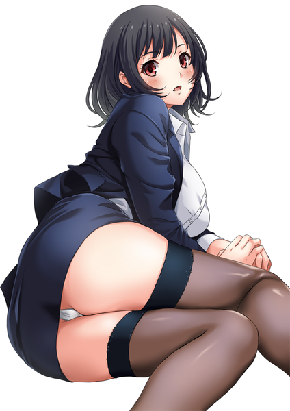 Anime picture 800x1131 with kantai collection takao heavy cruiser sakiyamama single tall image looking at viewer blush short hair light erotic black hair simple background red eyes white background bent knee (knees) on side reclining office lady girl thighhighs skirt