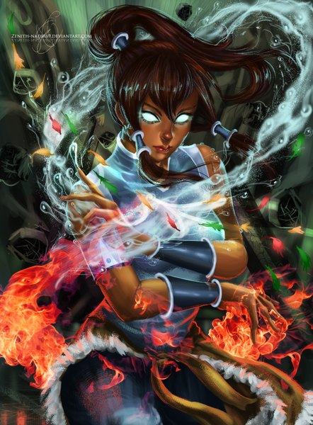 Anime picture 2500x3388 with avatar: the legend of korra korra zenith-nadir69 single long hair tall image highres brown hair twintails ponytail lips realistic magic glowing glowing eye (eyes) blank eyes girl water belt fire