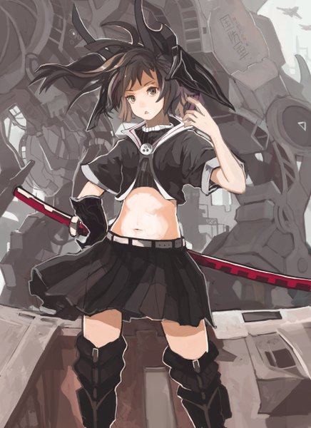 Anime picture 900x1238 with original alchemaniac single tall image looking at viewer short hair open mouth black hair black eyes midriff girl skirt navel weapon sword katana single glove robot aircraft airplane