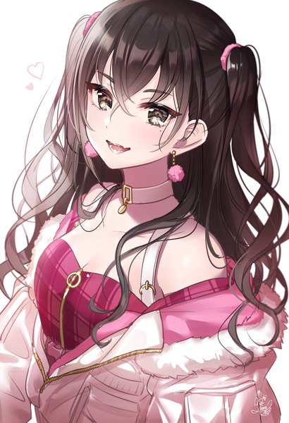 Anime picture 1400x2048 with idolmaster idolmaster cinderella girls sunazuka akira mairo (ilo) single long hair tall image looking at viewer fringe open mouth black hair simple background smile hair between eyes bare shoulders signed upper body :d off shoulder mole